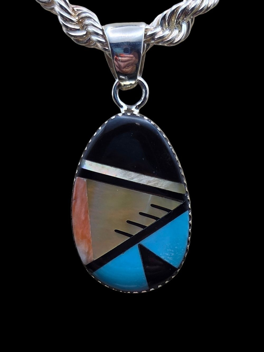 Southwest Sterling Silver Multi Stone Inlay Pendant Turquoise Coral NE
